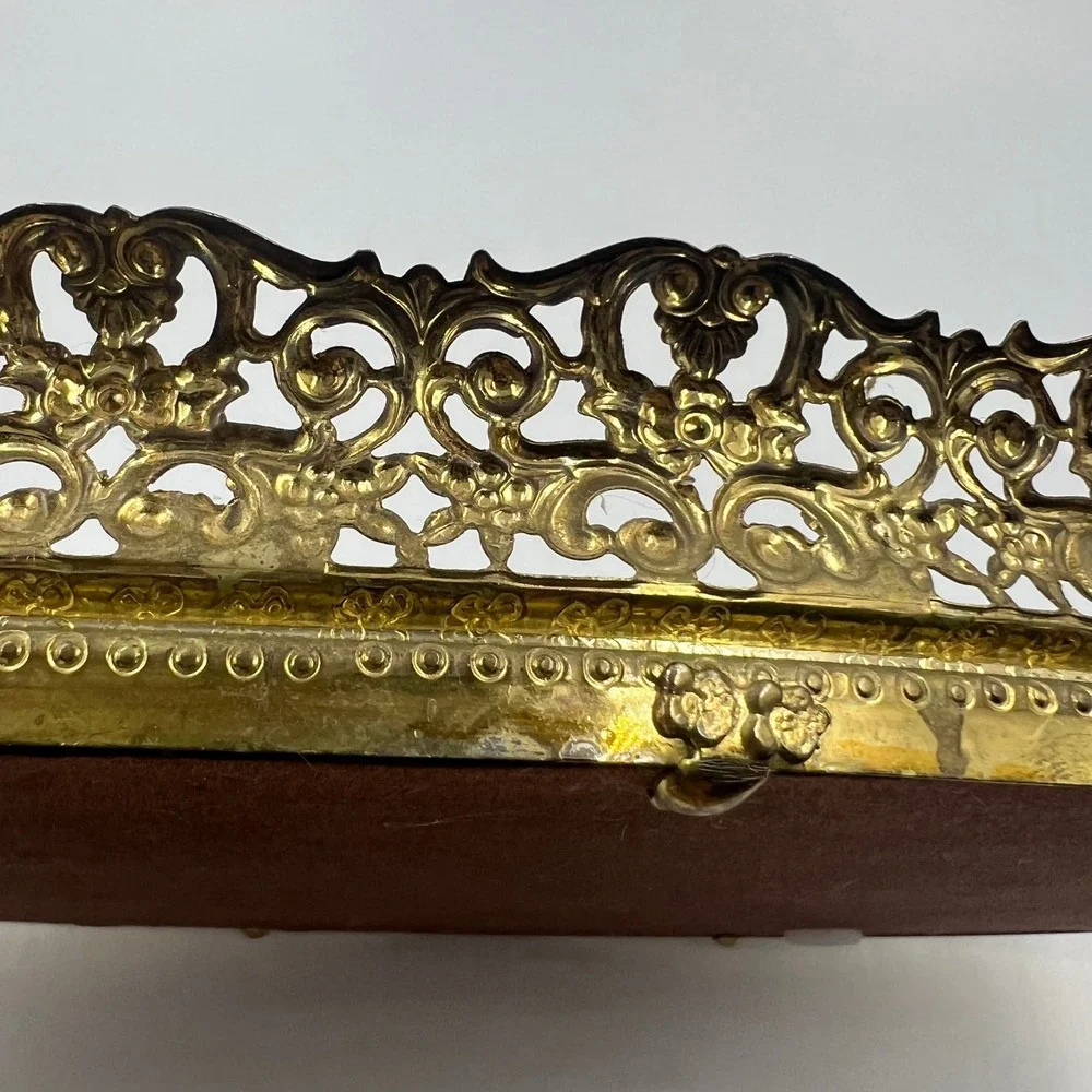Vintage Oval Mirrored Vanity Tray Gold Tone Ornate Filigree Frame 14 Inch Mirror